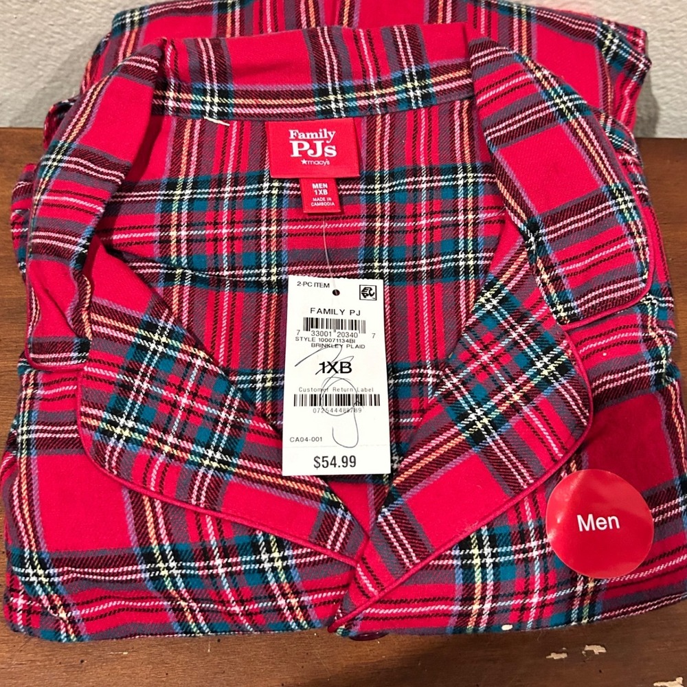 Men's 1XB Brinkley Plaid 2-Piece Pajama Set Red Tartan Holiday Christmas